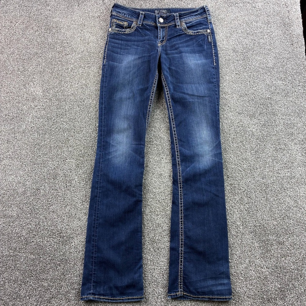 Silver Jeans Suki Mid Slim Bootcut Womens 29 Blue Denim Thick Stitch Embroidered